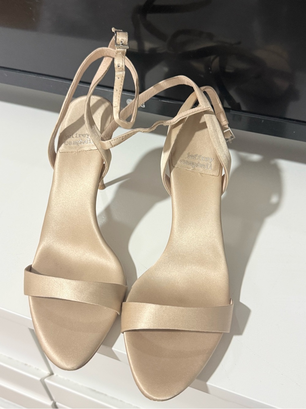 Jeffrey Campbell Blossmz Ankle Strap
Satin Sandal in CHAMPAGNE SATIN,